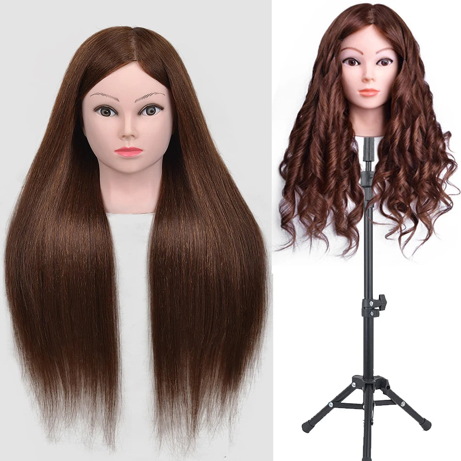 New Female Mannequin Training Doll Head With 80% Real Hair For Hairsyles Hairdressing Cosmetology Dolls Head With Stand Tripod