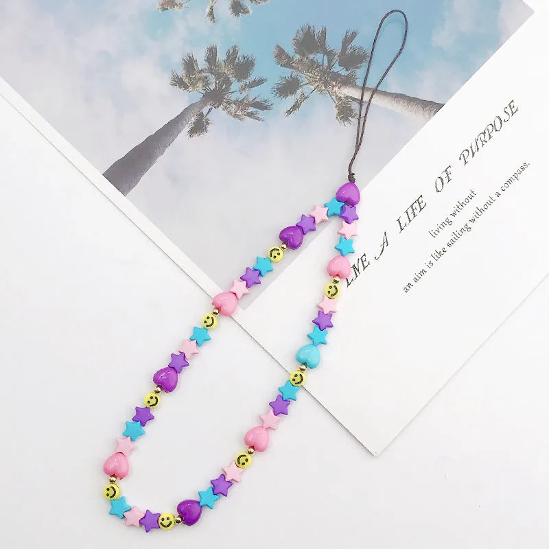 2023 Pink Acrylic Heart Cellphone Chain Lanyard Jewelry for Women Vintage Devil Eye Flower Charm Phone Case Strap Accessories