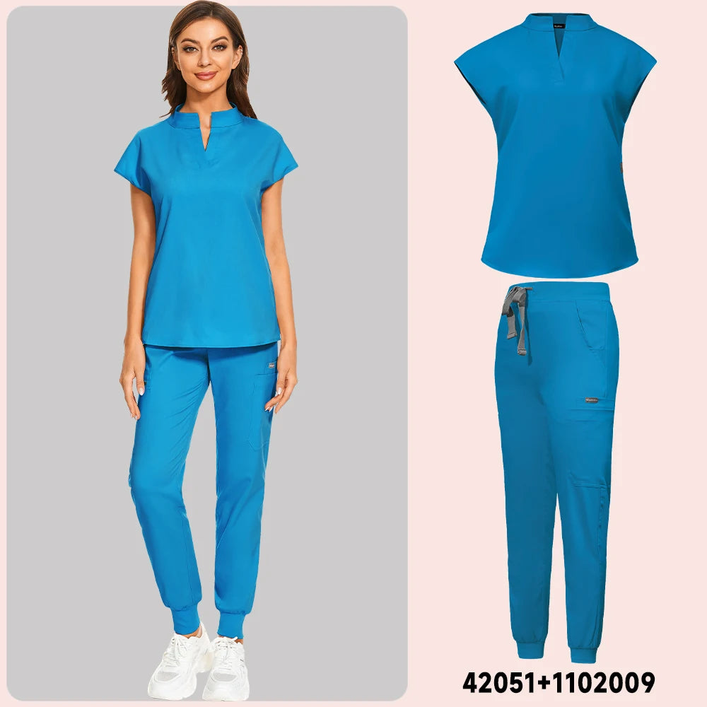 Plus Size Scrubs Set Women Medical Nurse Uniforms Stand Neck V-cut Scrub Top Jogger Pants Vet Doctor Healthcare Workers Workwear