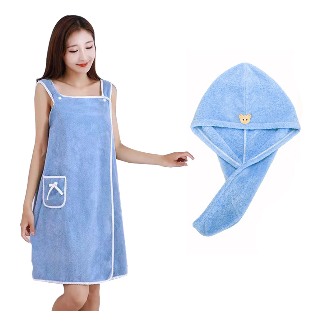 Bath Towel And Turban Hair Towel For Women With Lovely One Pocket Wearable Microfiber Towels 2 Pcs/Set Bathroom Accessories