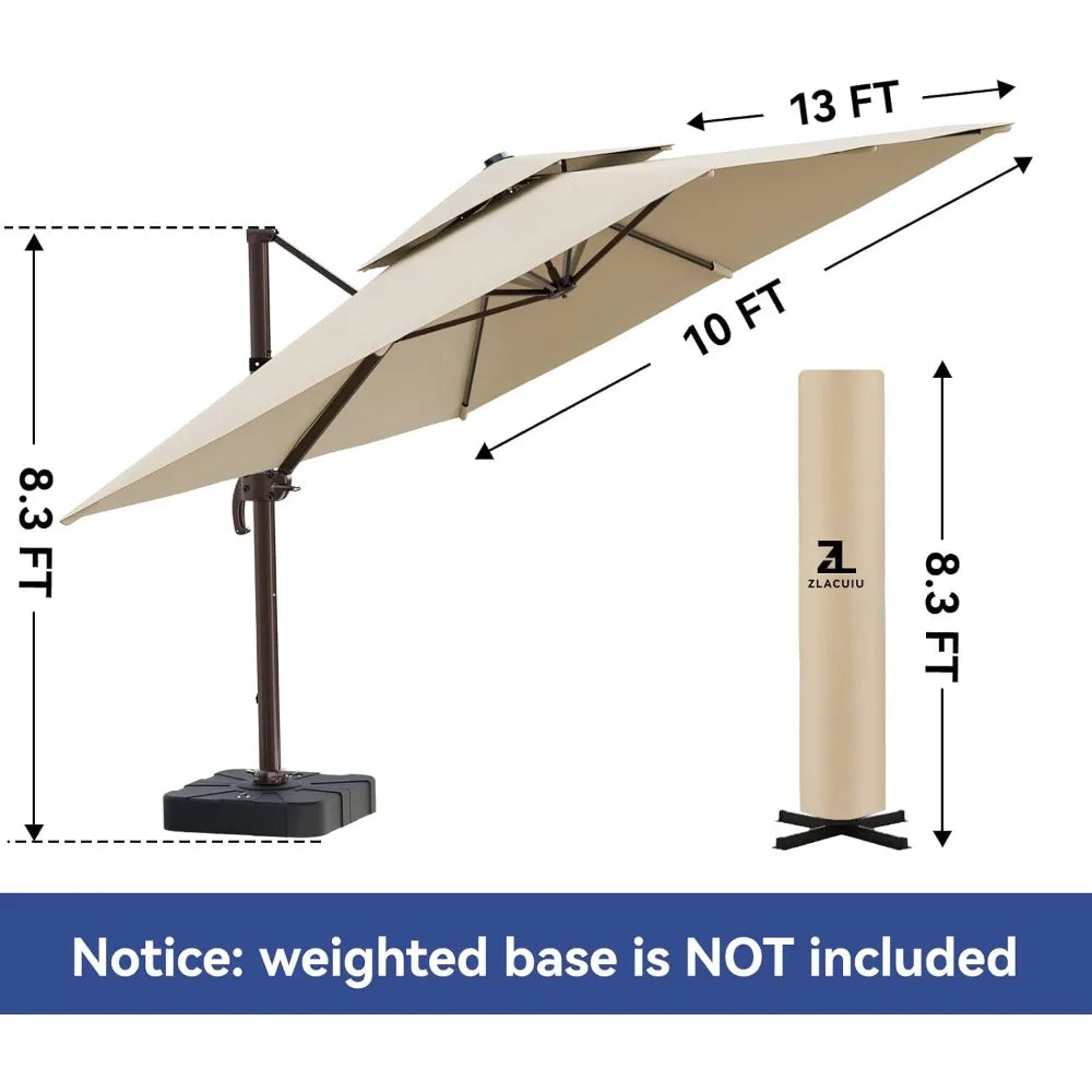 10x13FT Cantilever Outdoor Patio Umbrellas, Double Top Large Rectangle Umbrella,