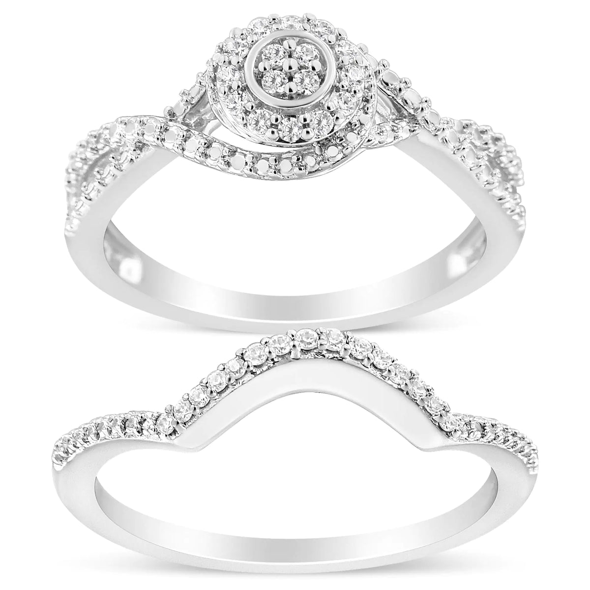 Anillo y banda nupcial con halo compuesto de diamantes de 1/6 quilates y cuerpo dividido en plata esterlina 925 (color IJ, claridad I3)