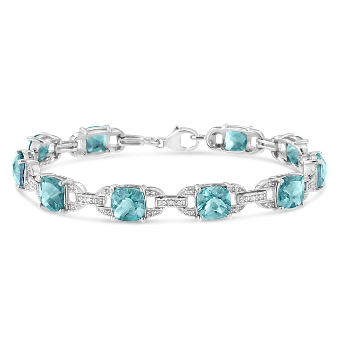 Bracelet de tennis tendance en argent sterling 925 avec topaze bleue taille coussin 7 x 7 mm et diamant taille ronde 1/20 ct (couleur IJ, pureté I1-I2) - 7"