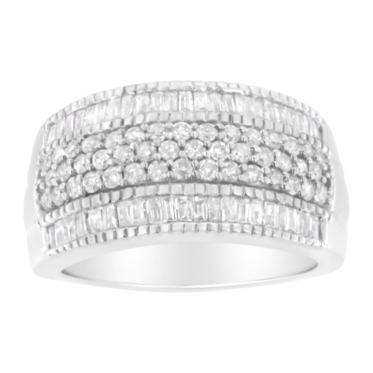 Anillo de banda moderna con diamantes de talla baguette y redonda de varias filas de 1 ct en plata esterlina 925 (claridad I2-I3, color HI)