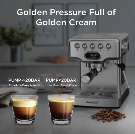 Cafetera espresso de 20 bares con espumador de leche Geek Chef: máquina de espresso de acero inoxidable para café con leche, capuchinos y más, tanque de 1,8 l