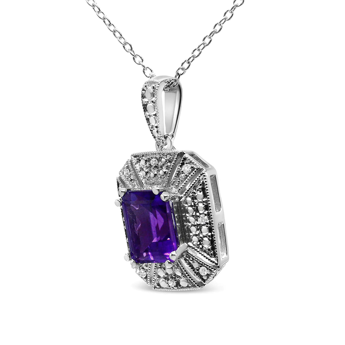 Collar con colgante estilo art déco de 45 cm con detalles de diamantes y amatista violeta en plata de ley 925 (color IJ, claridad I1-I2)