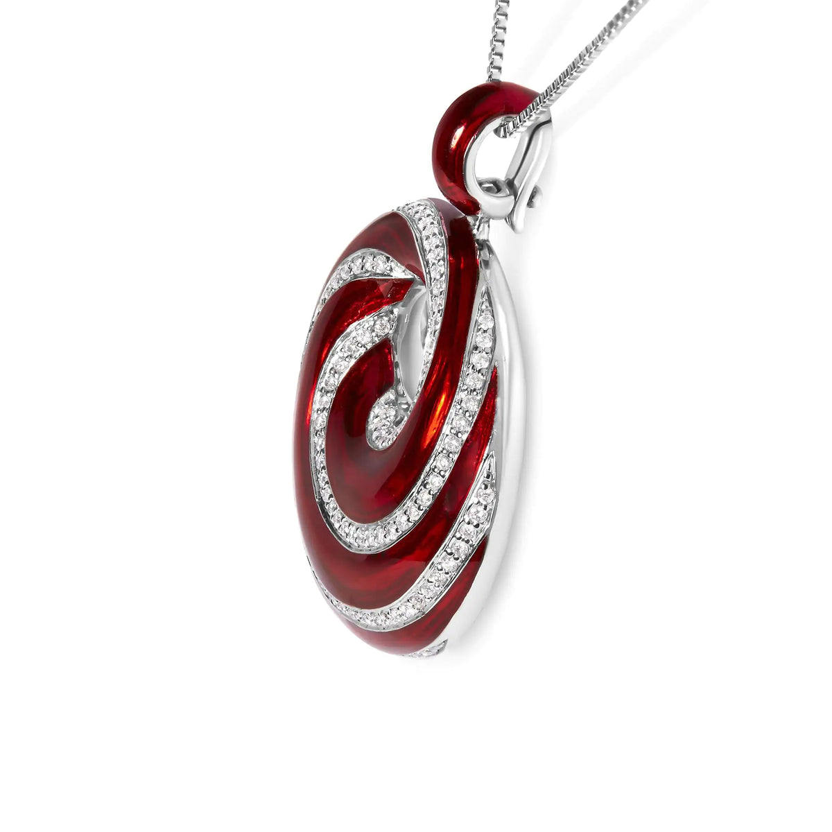Collar con colgante de medallón en espiral sin fin de 18" con esmalte rojo y 1/2 diamante en plata esterlina 925 (color FG, claridad VS1-VS2)