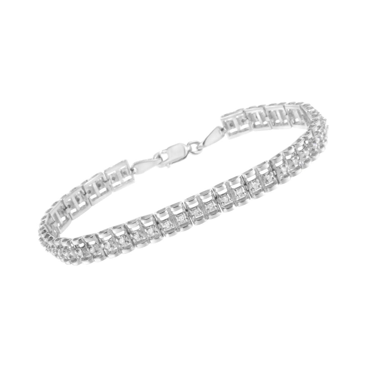 Pulsera de tenis de doble eslabón con diamantes de talla redonda de 1/4 cttw en plata esterlina 925 (claridad IJ, color I2-I3) - Tamaño 7"