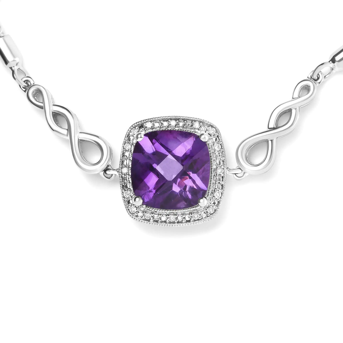 Pulsera bolo ajustable de 10 a 25 cm con amatista de talla cojín de 10 mm y detalles de diamantes en plata de ley 925 (color HI, claridad SI1-SI2)