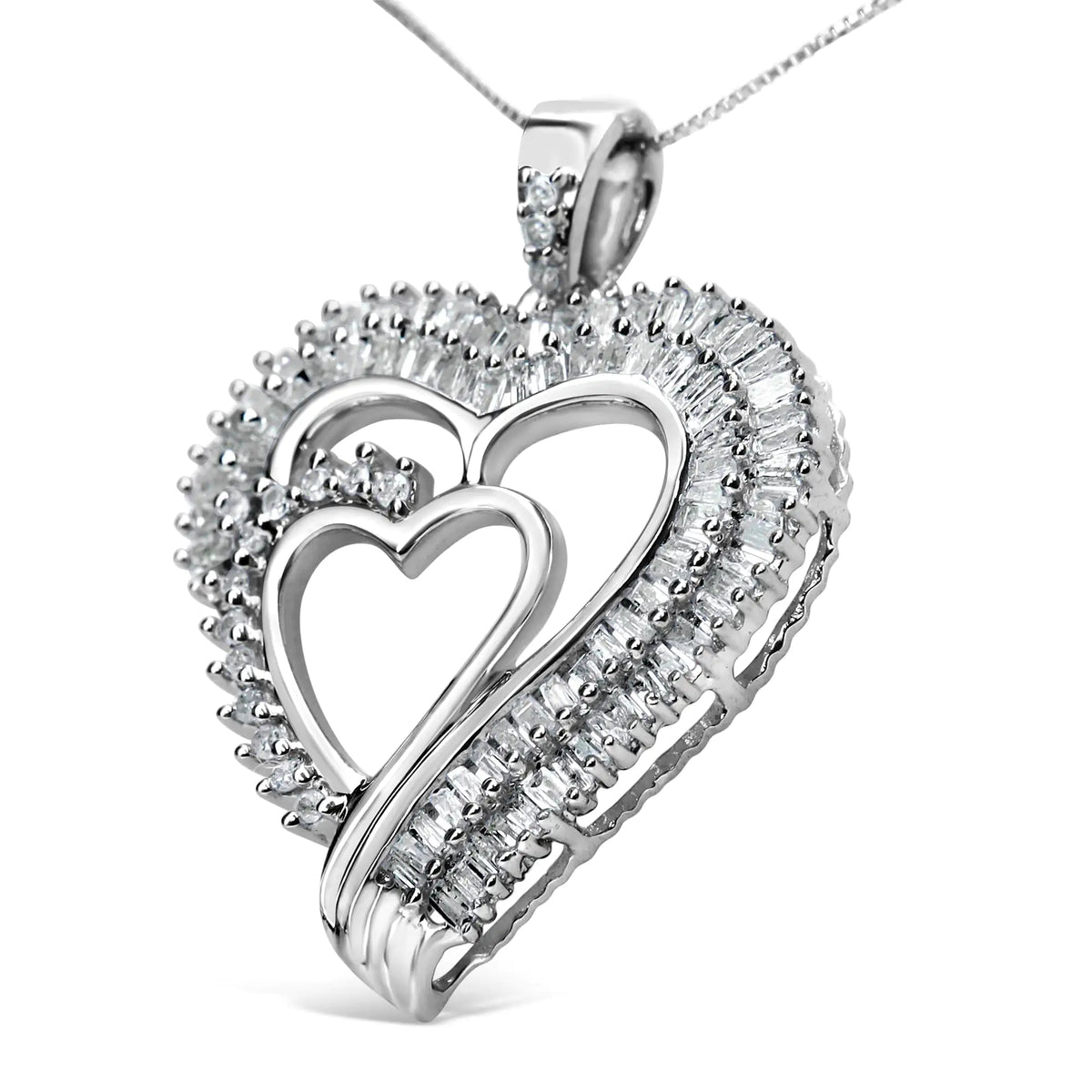 Collar con colgante de corazón doble de diamantes de talla baguette y redondos de 3/4 quilates en plata de ley 925 de 18" (color IJ, claridad I3)