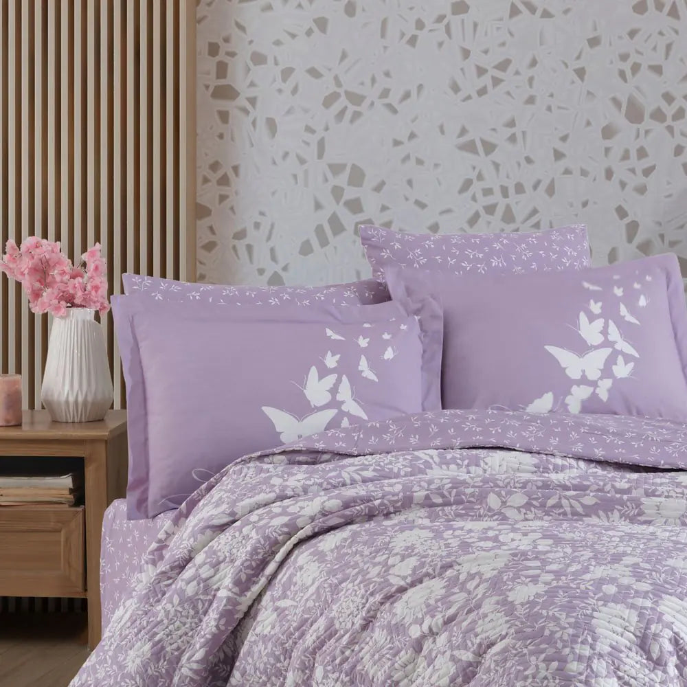 Juego de funda nórdica acolchada de popelina para cama individual Hobby Hira Lila