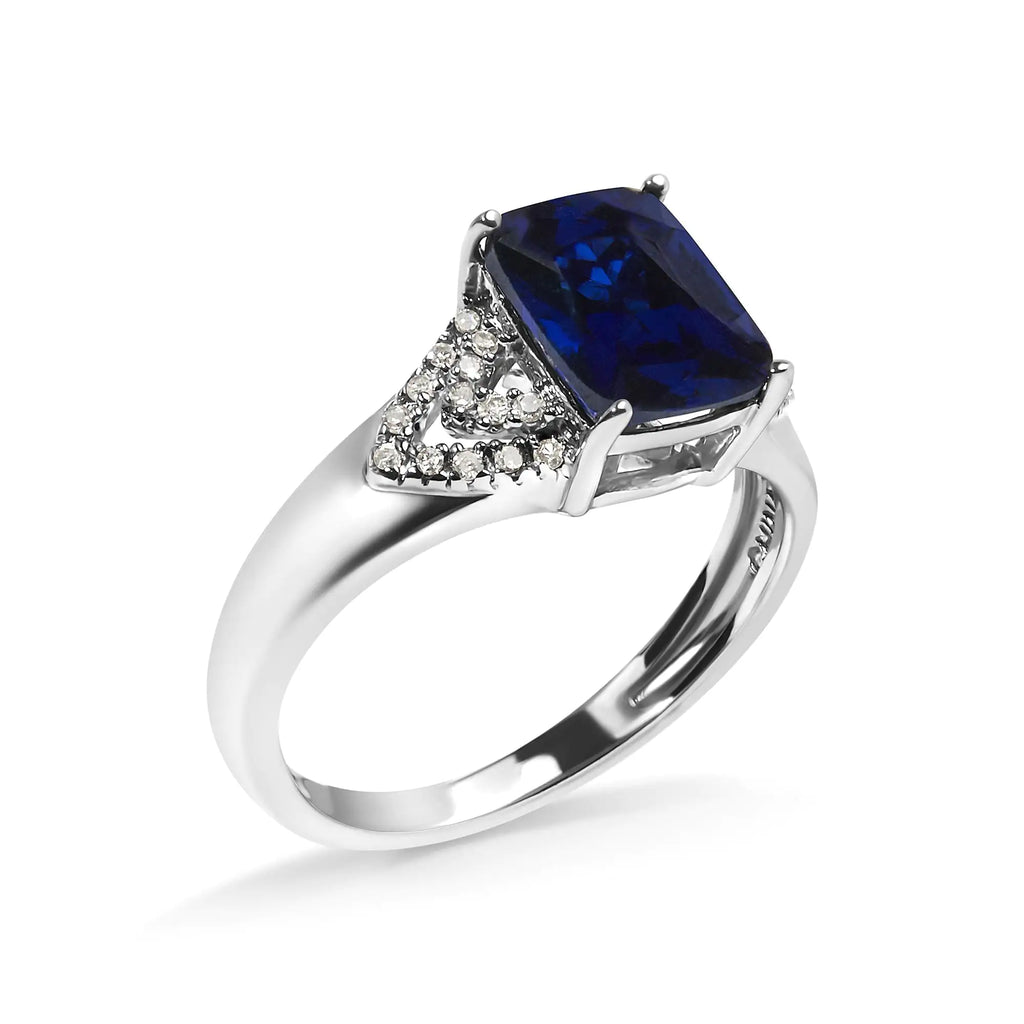 Bague de fiançailles en argent sterling 925 avec saphir bleu taille coussin et diamant blanc de 9 x 7 mm (couleur IJ, pureté I3)