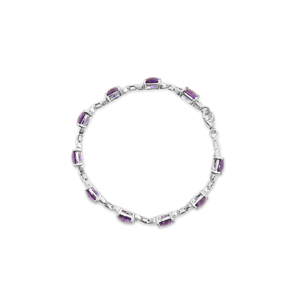 Bracelet à maillons tennis en argent sterling 925 avec améthyste taille coussin de 7 mm et diamant (couleur IJ, clarté I1-I2) - Taille 7"