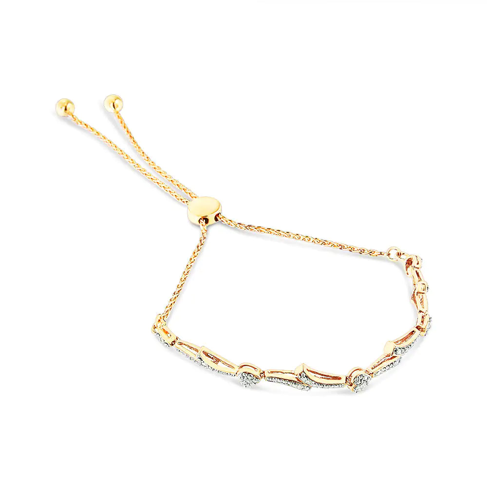 Pulsera bolo con eslabones en forma de corazón y ondas con detalles de diamantes en plata de ley 925 (color IJ, claridad I2-I3) - Ajustable de 6" a 9"