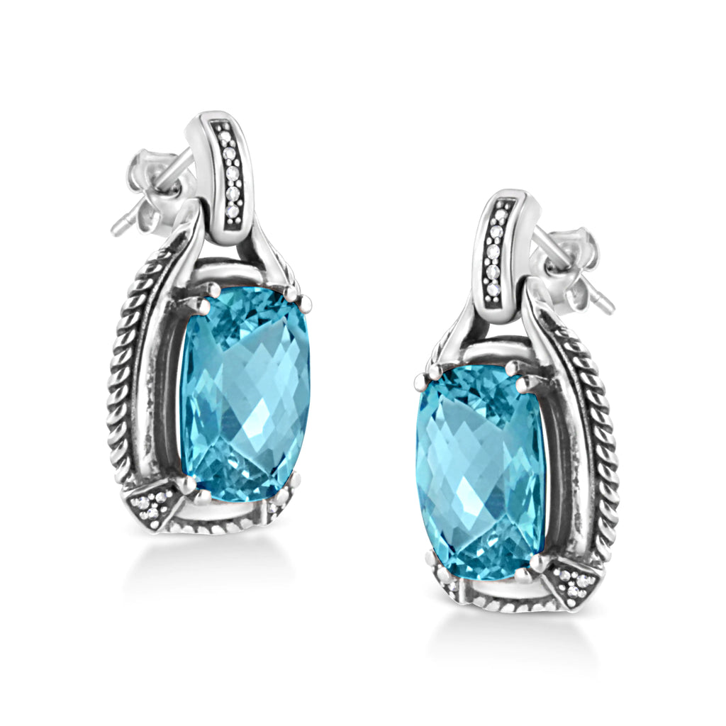Aros colgantes con topacio azul de talla cojín de 14 x 10 mm y detalle de diamante en plata de ley 925 (color IJ, claridad I1-I2)