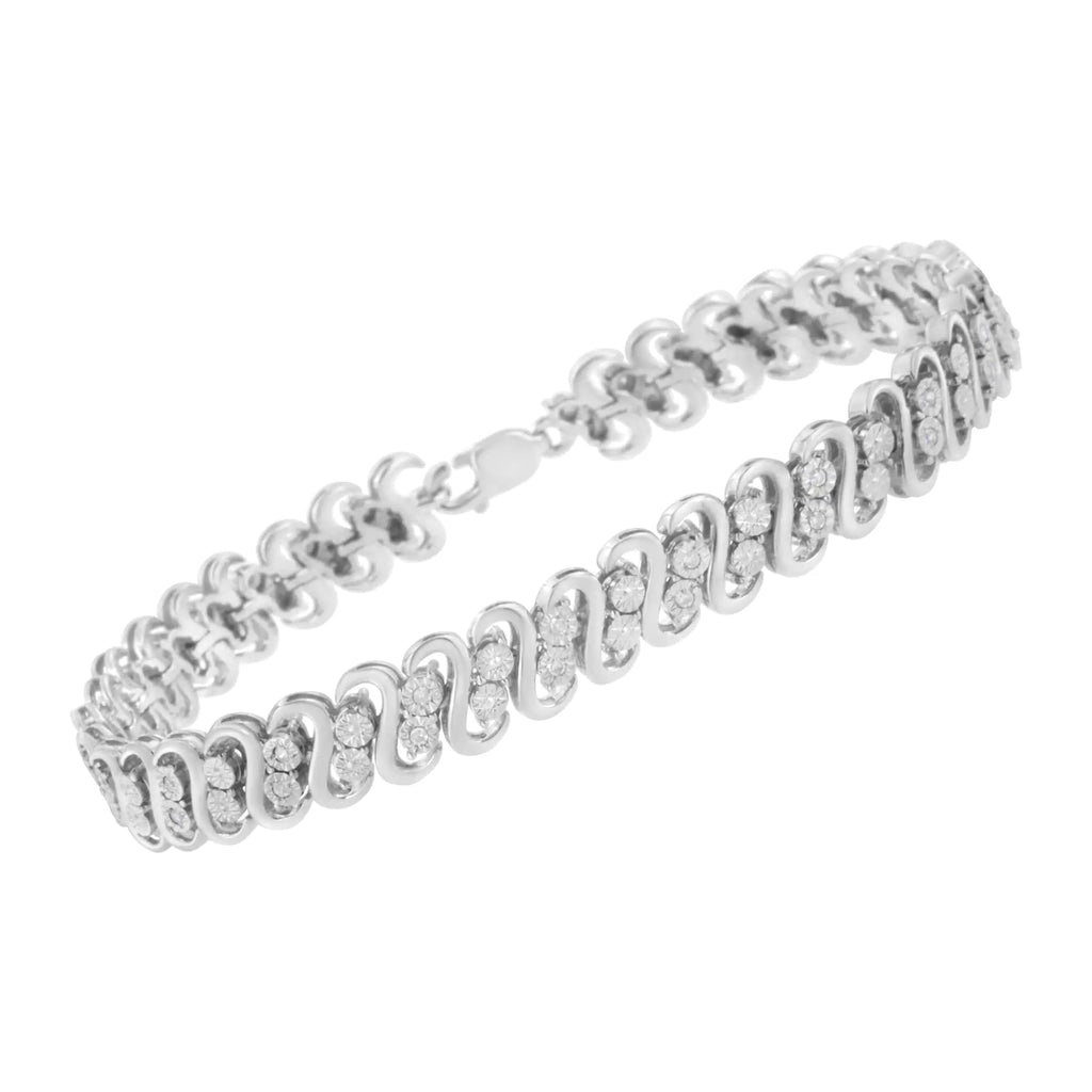 Pulsera de eslabones en forma de S con doble hilera de diamantes de talla redonda de 1/4 cttw en plata de ley 925 (color IJ, claridad I2-I3) - Tamaño 7,25"