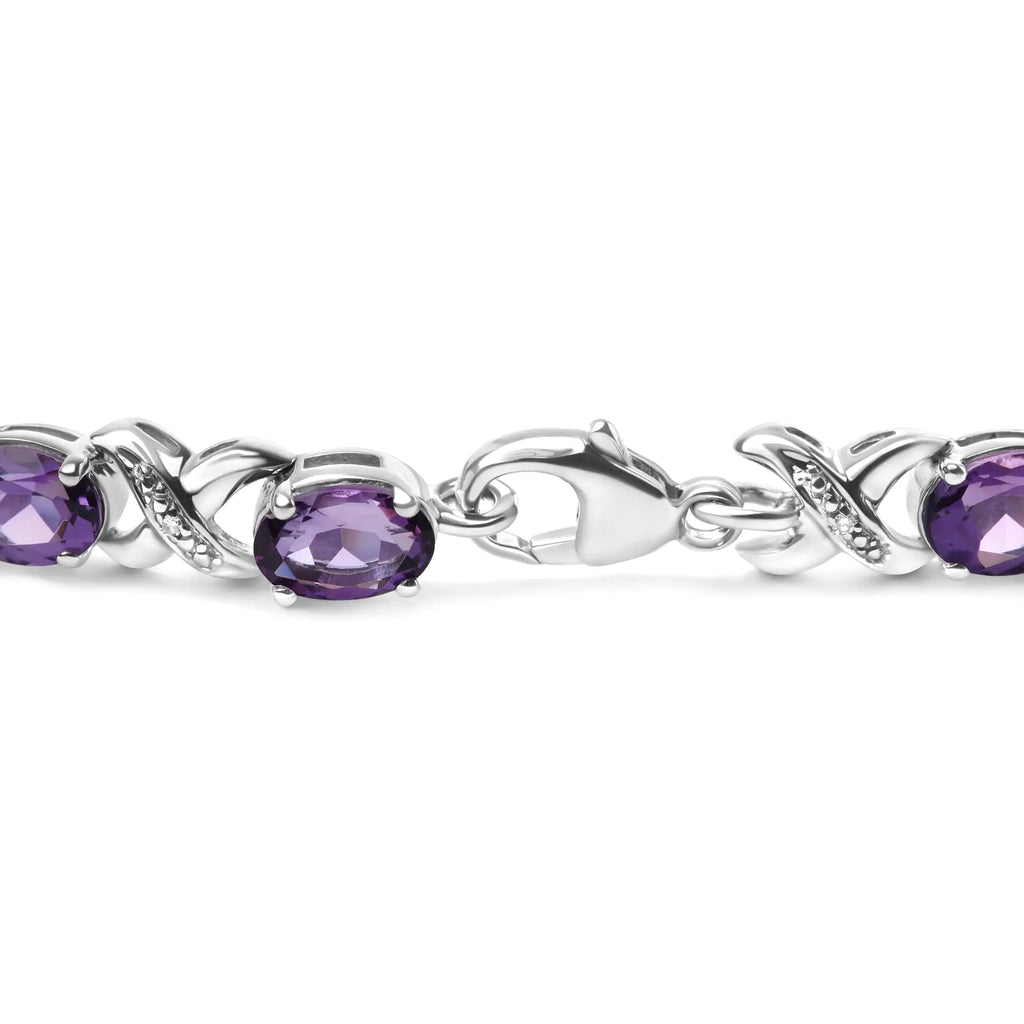 Bracelet à maillons en argent sterling 925 7 x 5 mm avec améthyste ovale et accent de diamant (couleur HI, clarté SI1-SI2) - Taille 7"