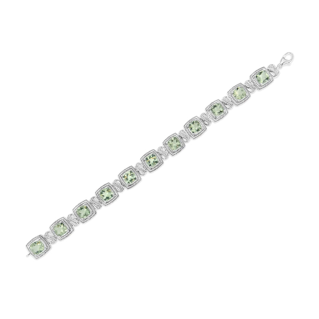 Bracelet de tennis en argent sterling 925 avec améthyste verte taille coussin 7 x 7 mm et diamant taille simple 1/10 ct de forme carrée (couleur IJ, pureté I1-I2) - 7"