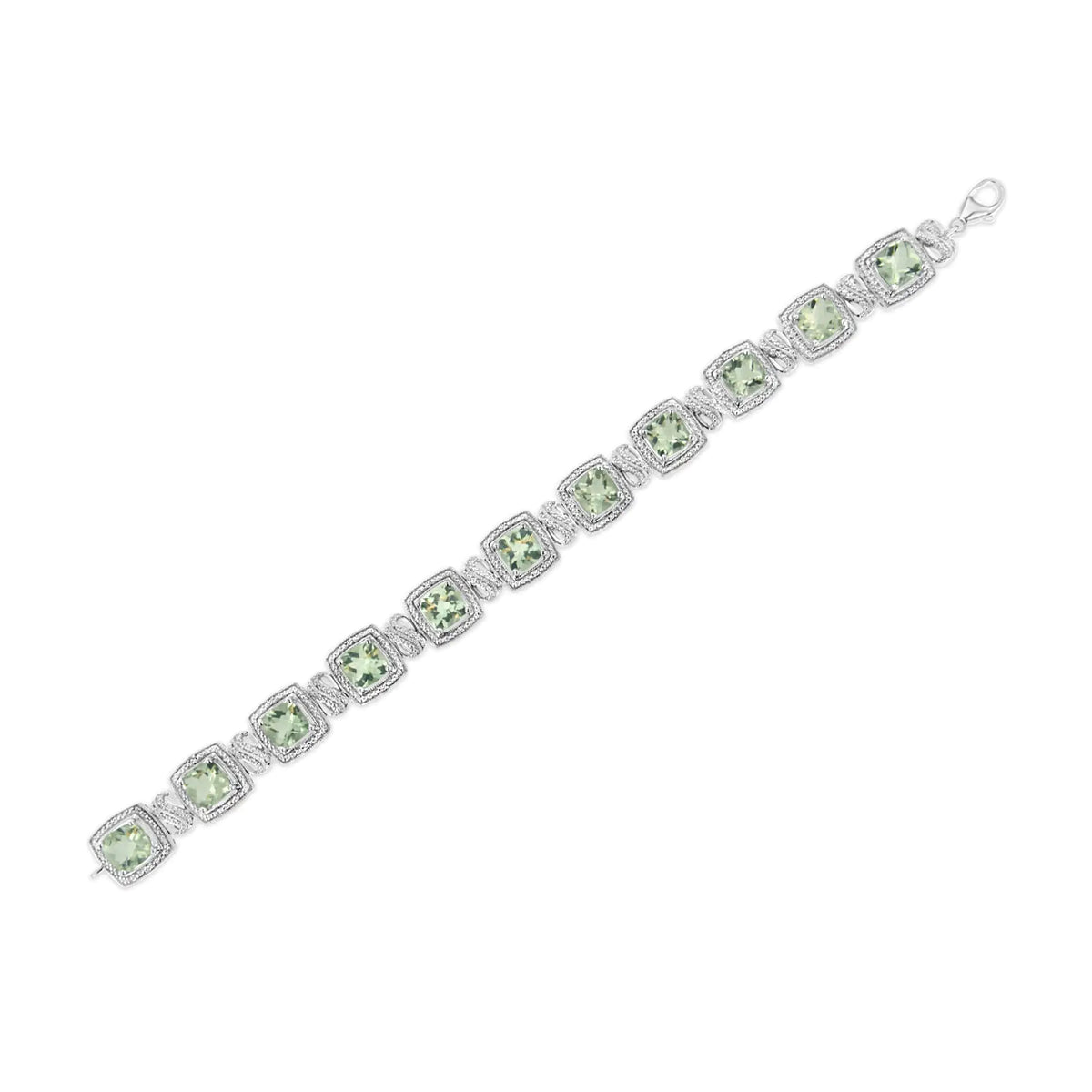 Bracelet de tennis en argent sterling 925 avec améthyste verte taille coussin 7 x 7 mm et diamant taille simple 1/10 ct de forme carrée (couleur IJ, pureté I1-I2) - 7"