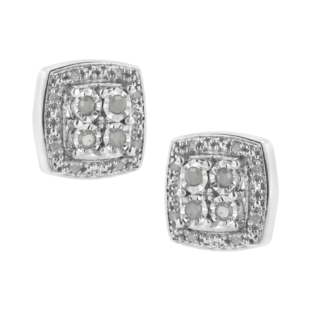 Aros con forma cuadrada de diamante de talla redonda de 1/4 cttw y milgrain en plata de ley 925 (color IJ, claridad I3)