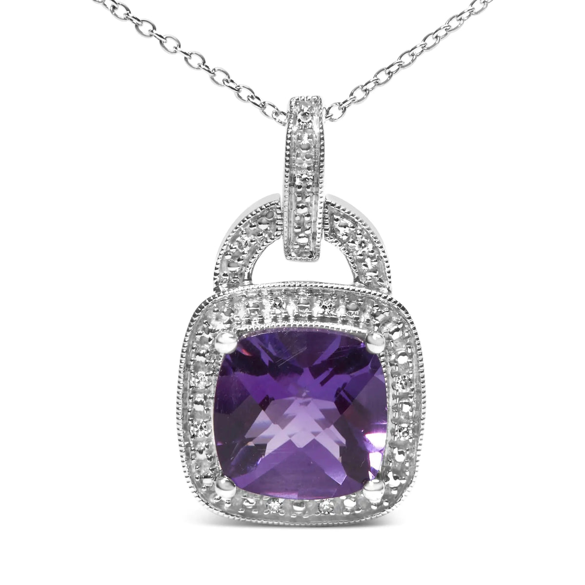 Collar con colgante de amatista morada y halo de diamantes de 18" en plata de ley 925 de 10 x 10 mm (color IJ, claridad I1-I2)
