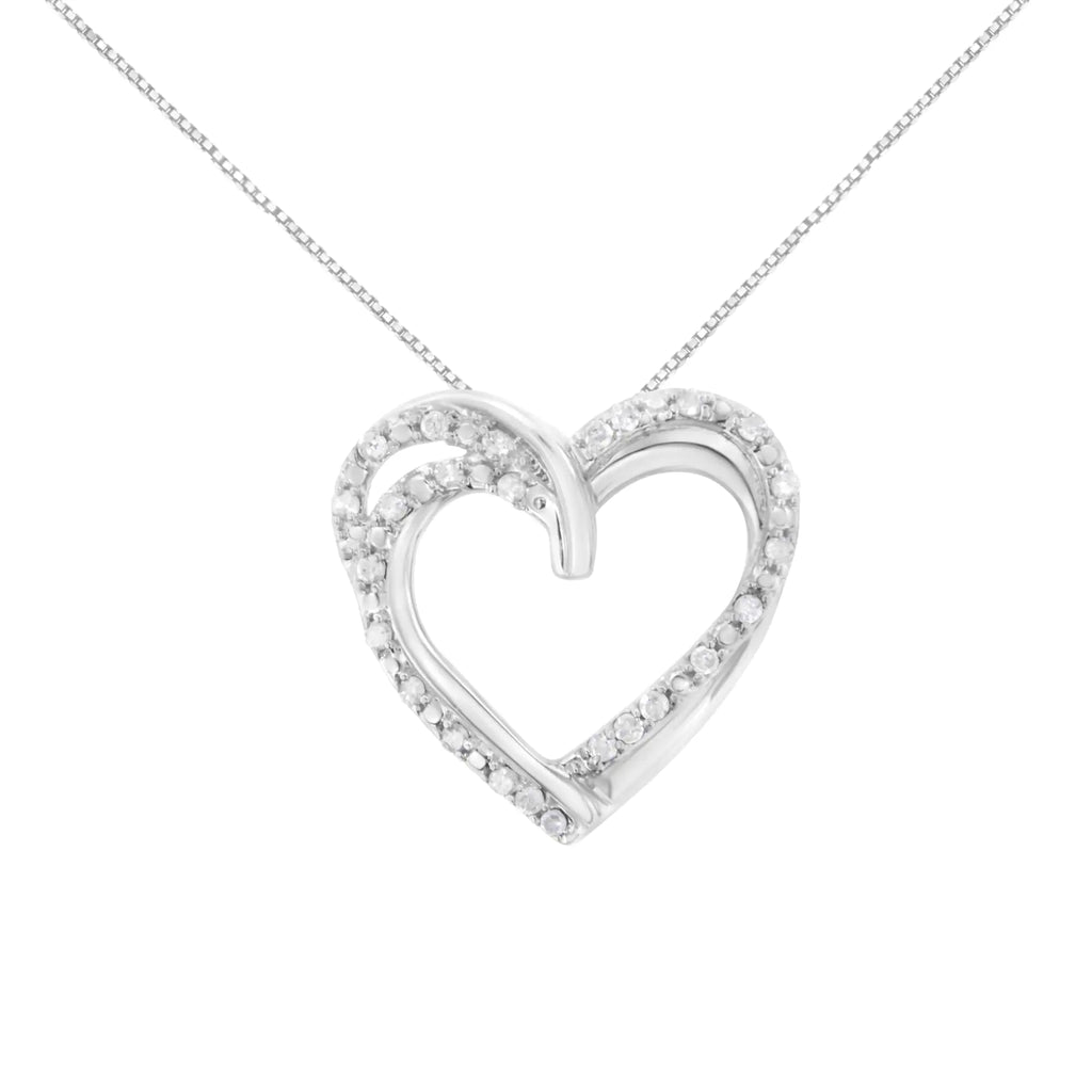 Collar con colgante de 18" con doble corazón tejido de diamantes de talla redonda engastados en garras de 1/4 cttw en plata esterlina 925 (color IJ, claridad I2-I3)