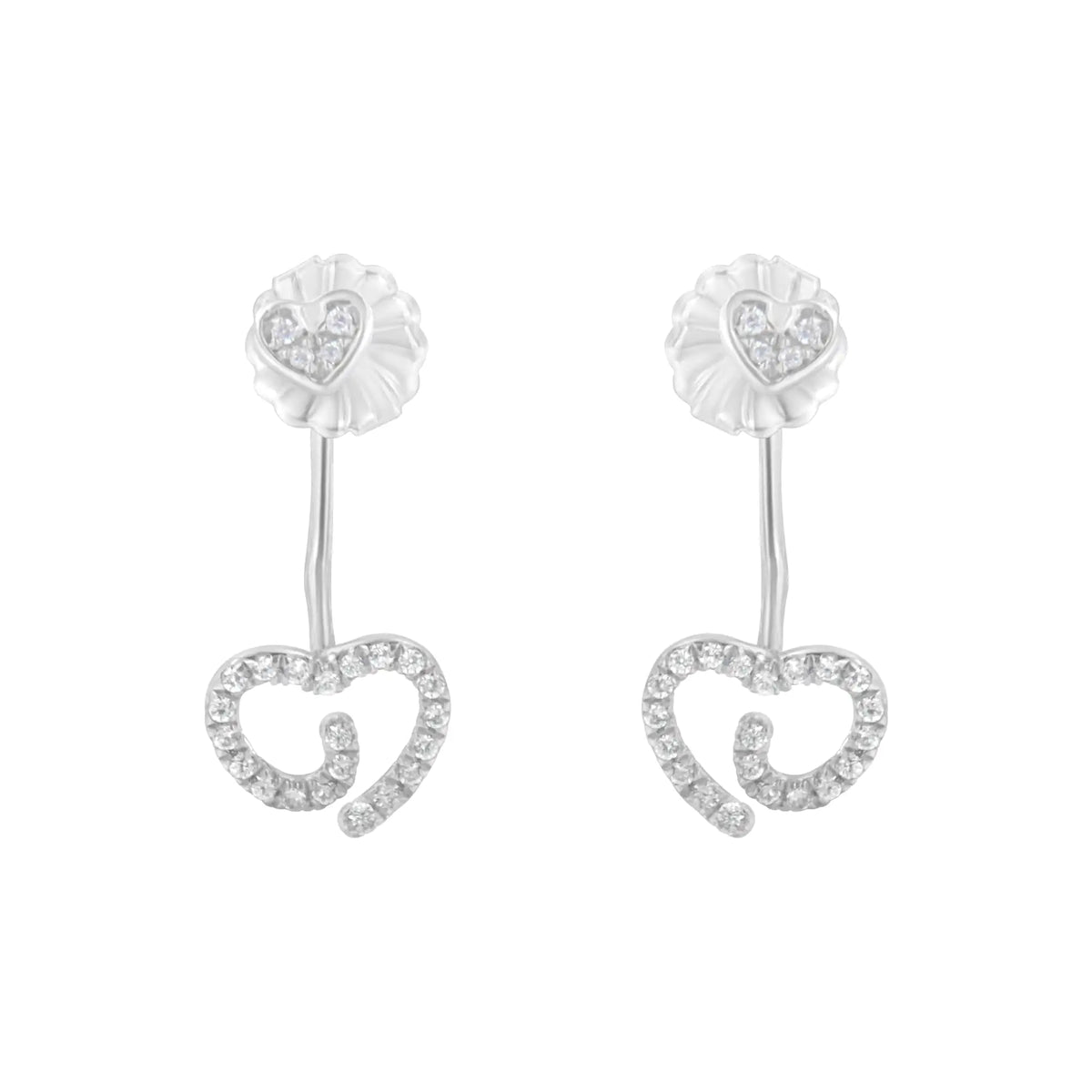 Pendientes de plata de ley 925 con forma de corazón con diamantes de 1/4 ct y remolino en la parte delantera y trasera (color IJ, claridad I2-I3)
