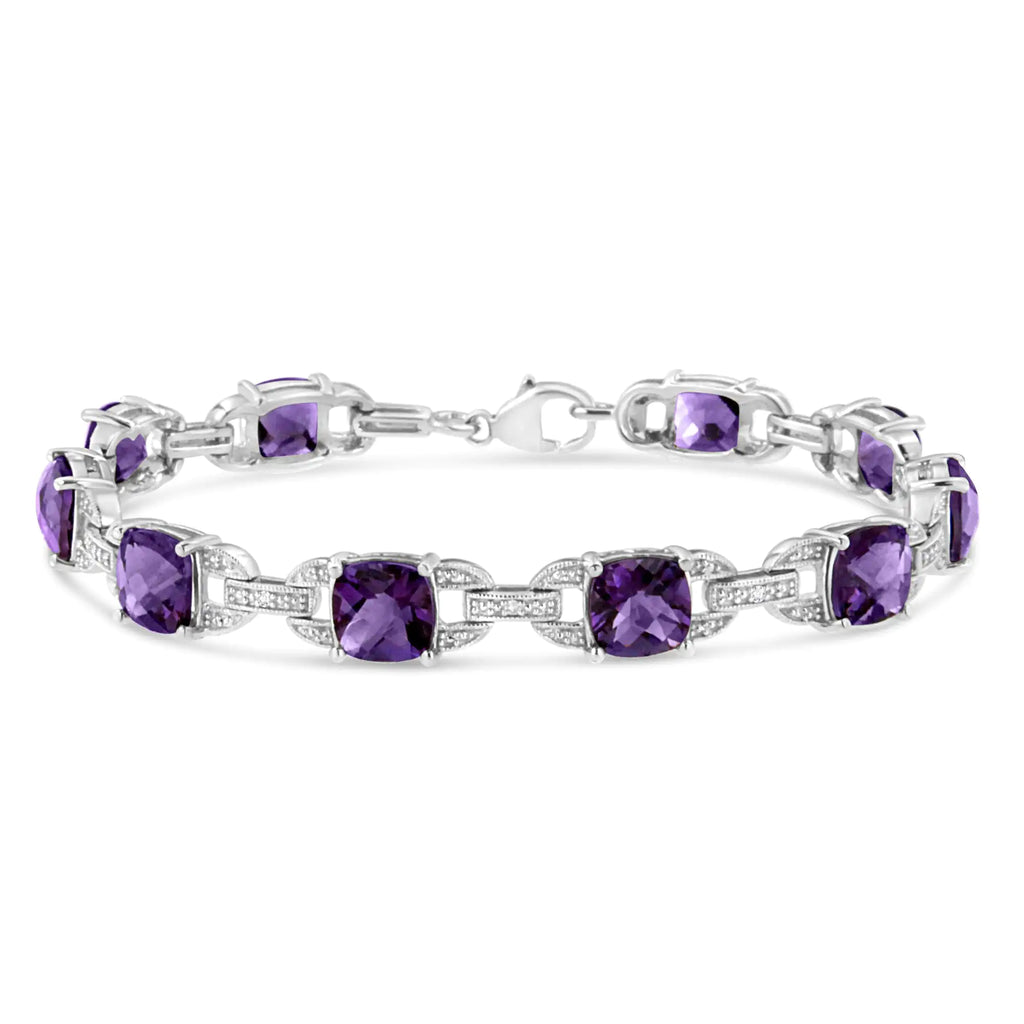 Bracelet à maillons tennis en argent sterling 925 avec améthyste taille coussin de 7 mm et diamant (couleur IJ, clarté I1-I2) - Taille 7"