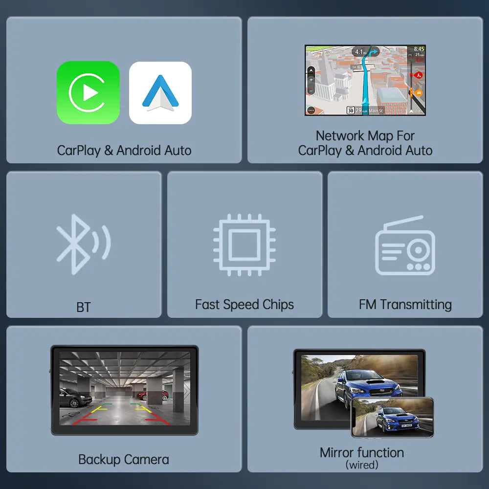 Reproductor multimedia de vídeo y radio universal para coche de 7 pulgadas con Apple CarPlay y Android Auto inalámbricos portátiles