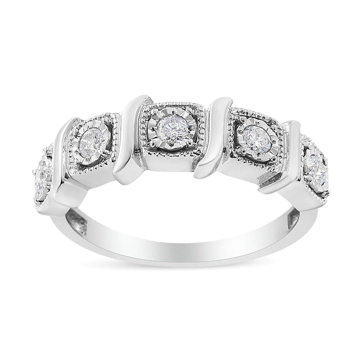 Anillo de banda en espiral con cinco piedras y diamantes engastados en plata de ley 925 de 1/4 ct (color IJ, claridad I1-I2)