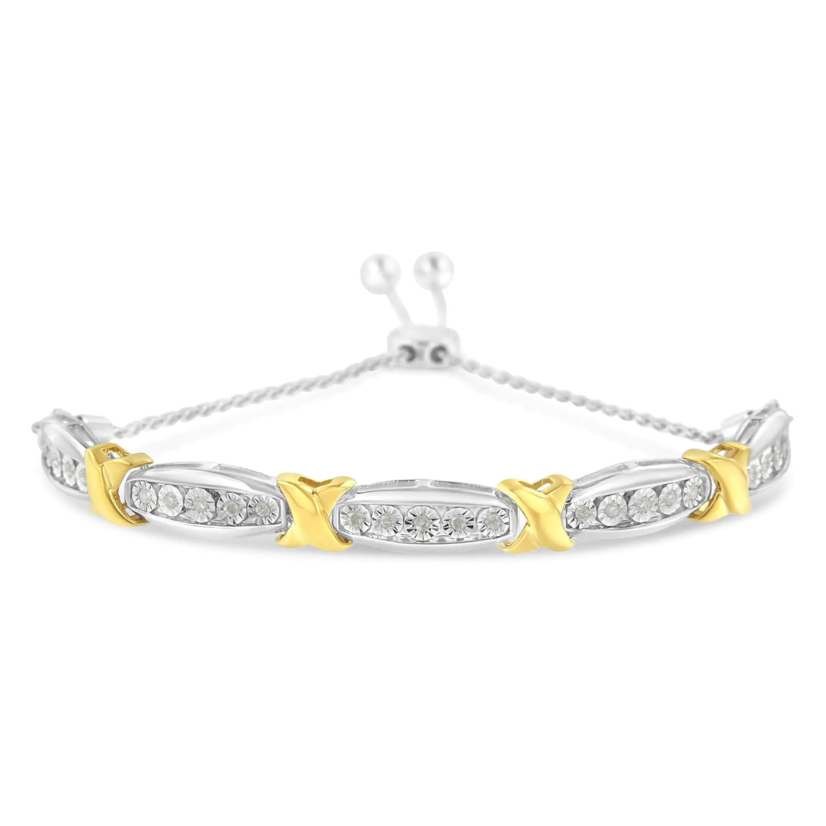 Pulsera de plata de ley 925 con engaste milagroso de barra cónica y diamantes de talla redonda de 1/4 ct en forma de X (color IJ, claridad I3) - Oro amarillo y plata de dos tonos