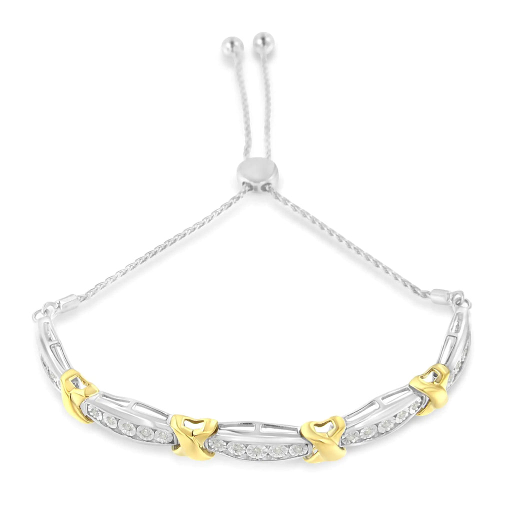 Pulsera de plata de ley 925 con engaste milagroso de barra cónica y diamantes de talla redonda de 1/4 ct en forma de X (color IJ, claridad I3) - Oro amarillo y plata de dos tonos