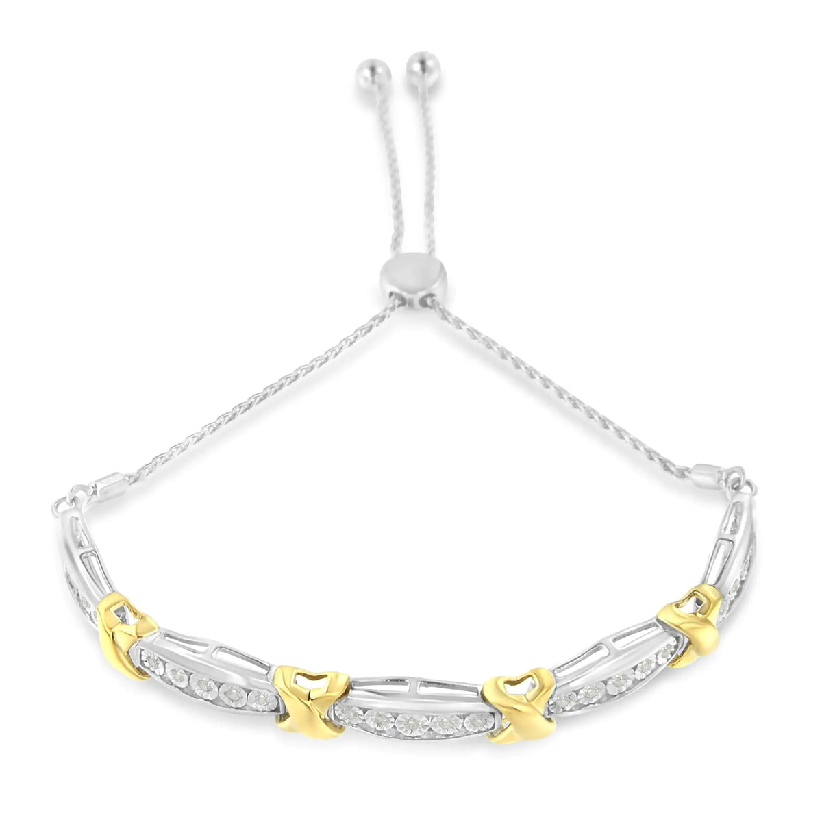 Pulsera de plata de ley 925 con engaste milagroso de barra cónica y diamantes de talla redonda de 1/4 ct en forma de X (color IJ, claridad I3) - Oro amarillo y plata de dos tonos