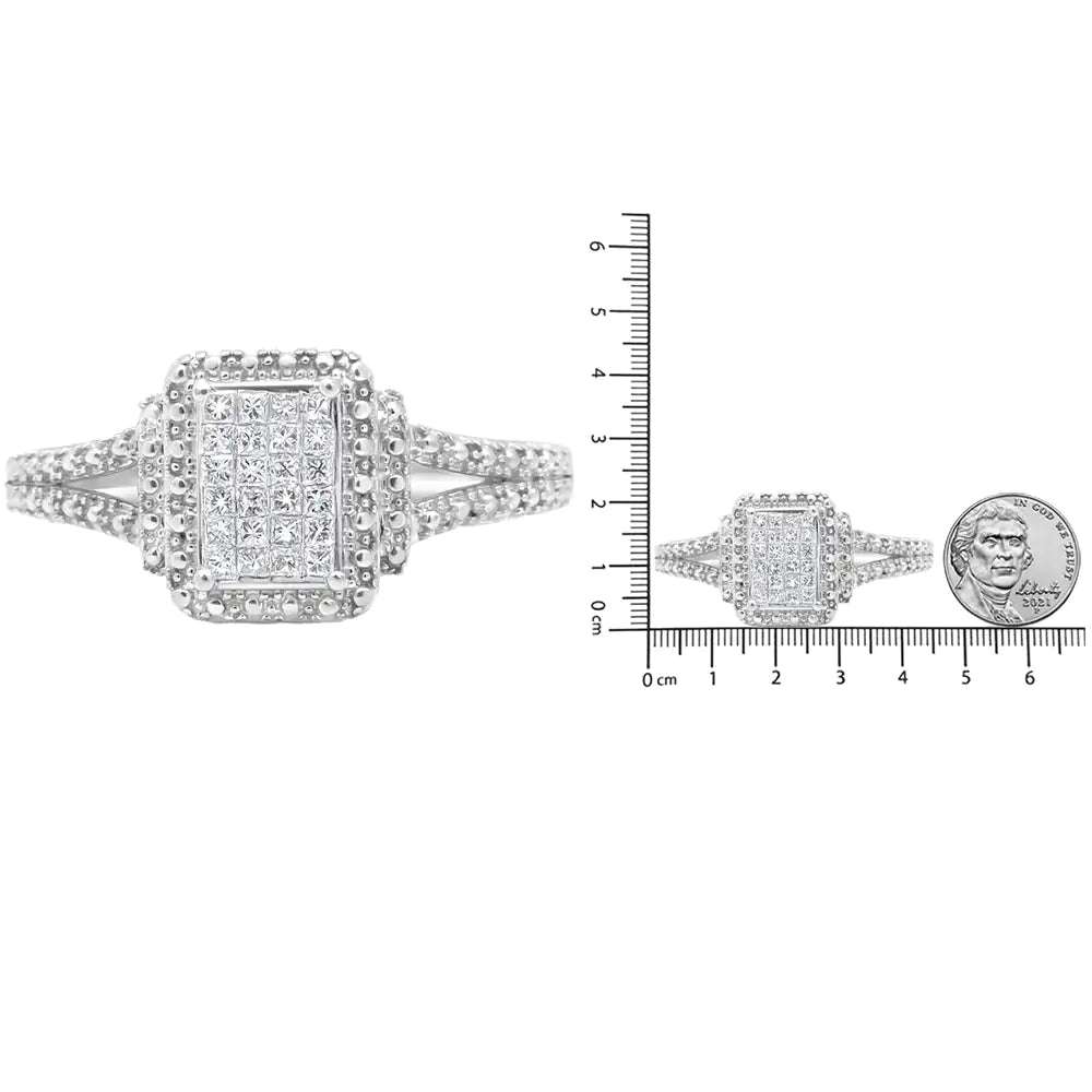 Anillo de compromiso compuesto de diamantes de talla princesa de 1/4 ct en plata esterlina 925 con cuerpo con cuentas (color HI, claridad SI1-SI2)