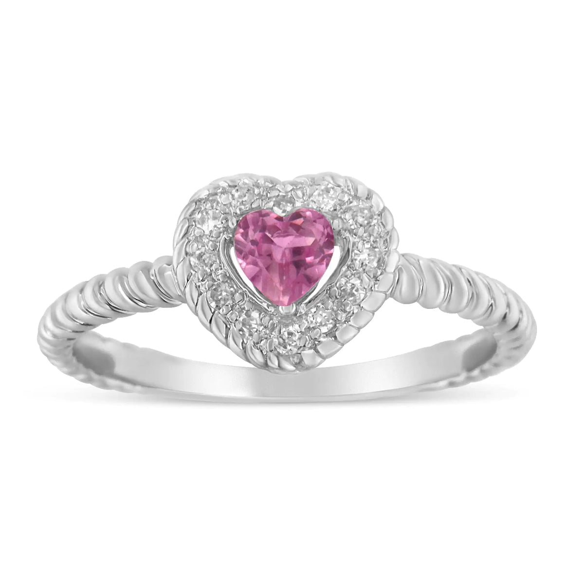 Anillo de plata de ley 925 con zafiro rosa de 4 mm y detalle de diamantes en forma de corazón (color IJ, claridad I2-I3)