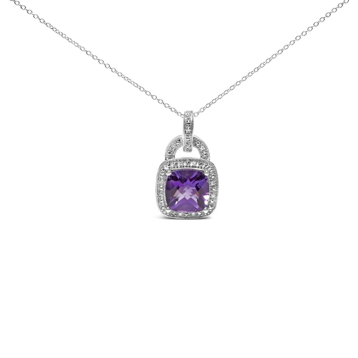 Collar con colgante de amatista morada y halo de diamantes de 18" en plata de ley 925 de 10 x 10 mm (color IJ, claridad I1-I2)