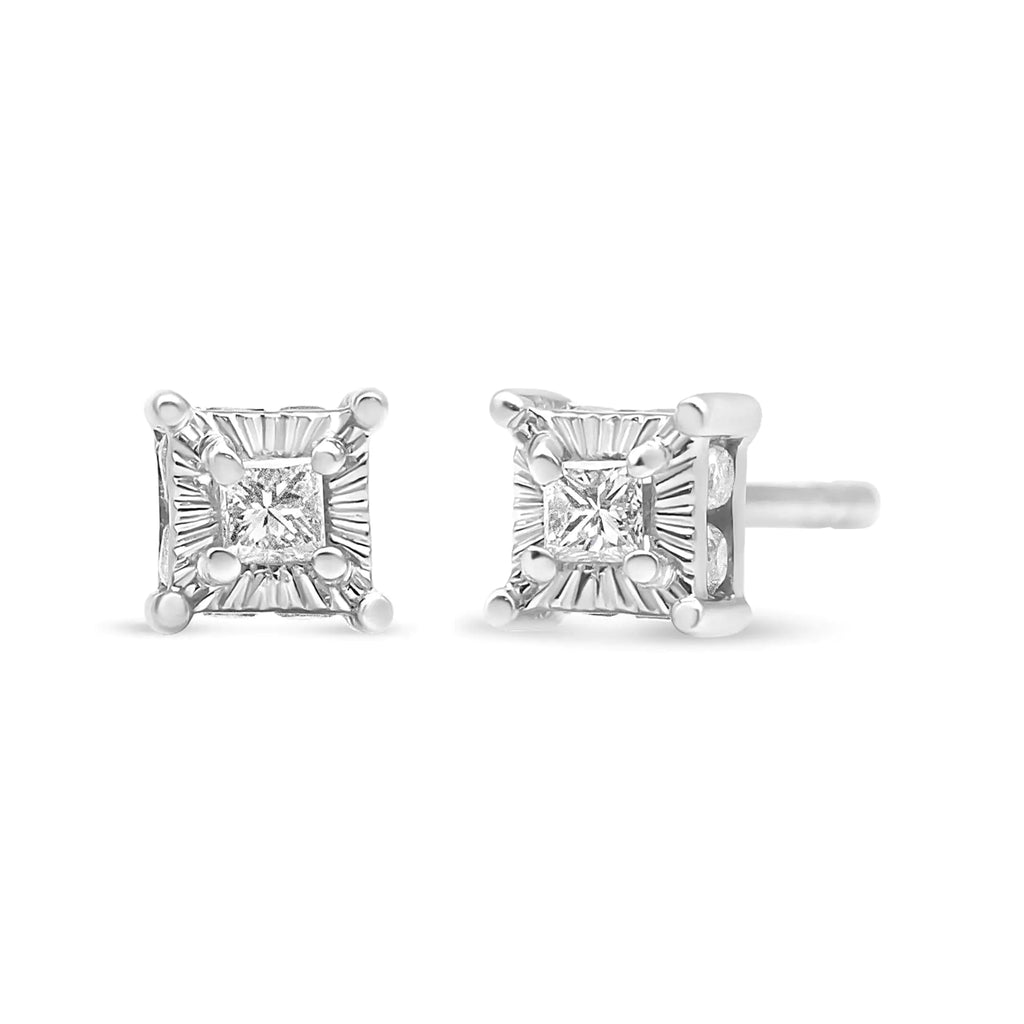 Boucles d'oreilles à tige en argent sterling 925 avec diamant solitaire taille princesse Miracle Set 1/4 ct et halo caché (couleur IJ, pureté SI2-I1)