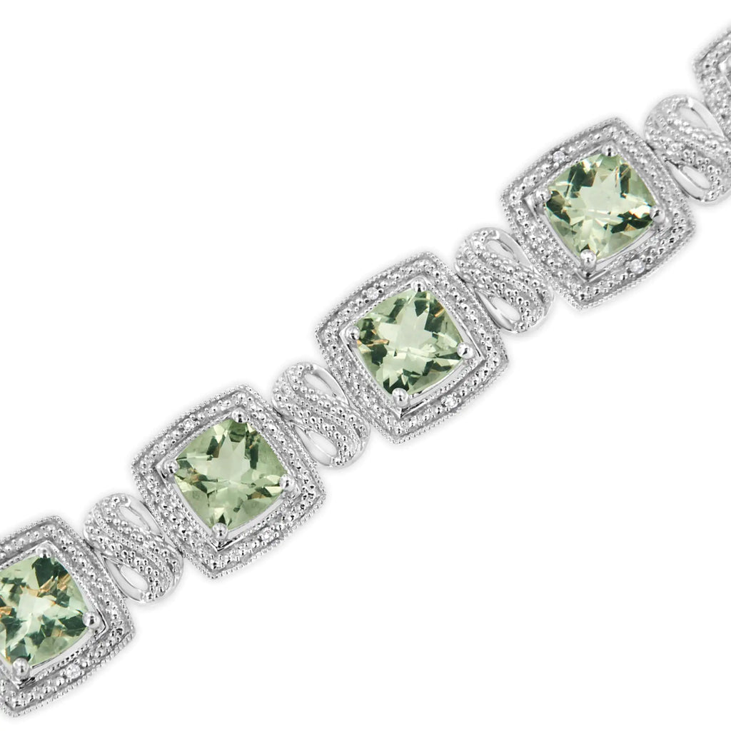 Bracelet de tennis en argent sterling 925 avec améthyste verte taille coussin 7 x 7 mm et diamant taille simple 1/10 ct de forme carrée (couleur IJ, pureté I1-I2) - 7"