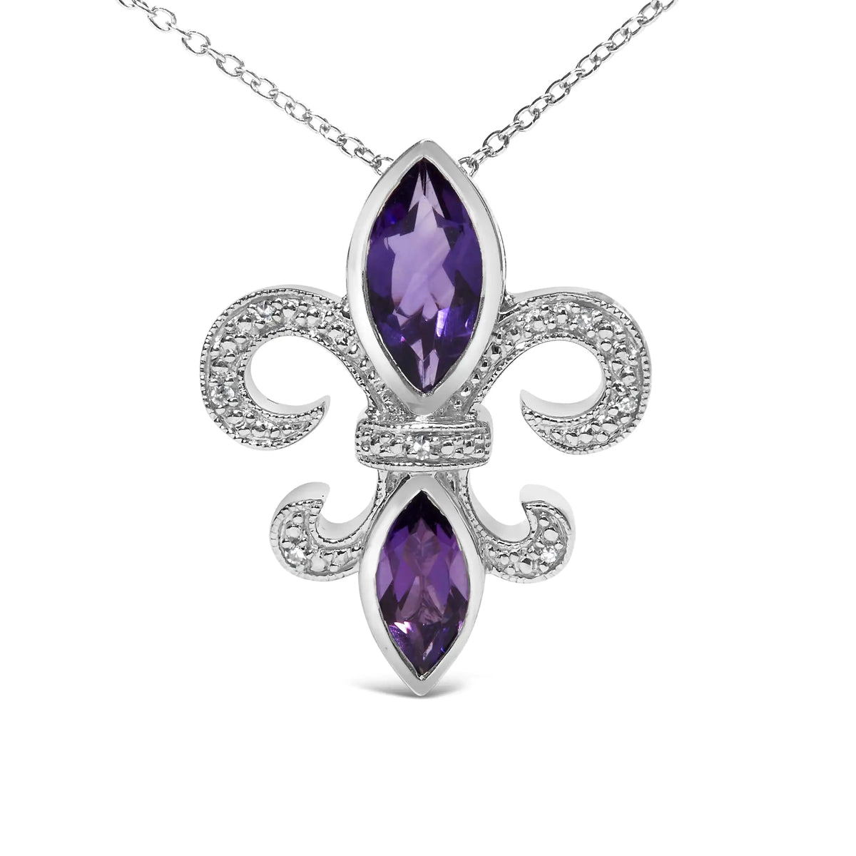 Collar con colgante de flor de lis con amatista morada y detalles de diamantes en plata de ley 925 (color HI, claridad SI1-SI2), tamaño 18"