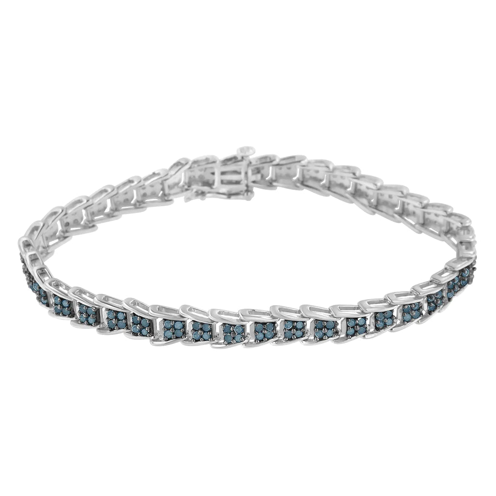 Pulsera de tenis de 7" con eslabones anidados en forma de abanico y diamantes azules tratados de 2 ct en plata esterlina 925 (color azul, claridad I3) - Tamaño 7"