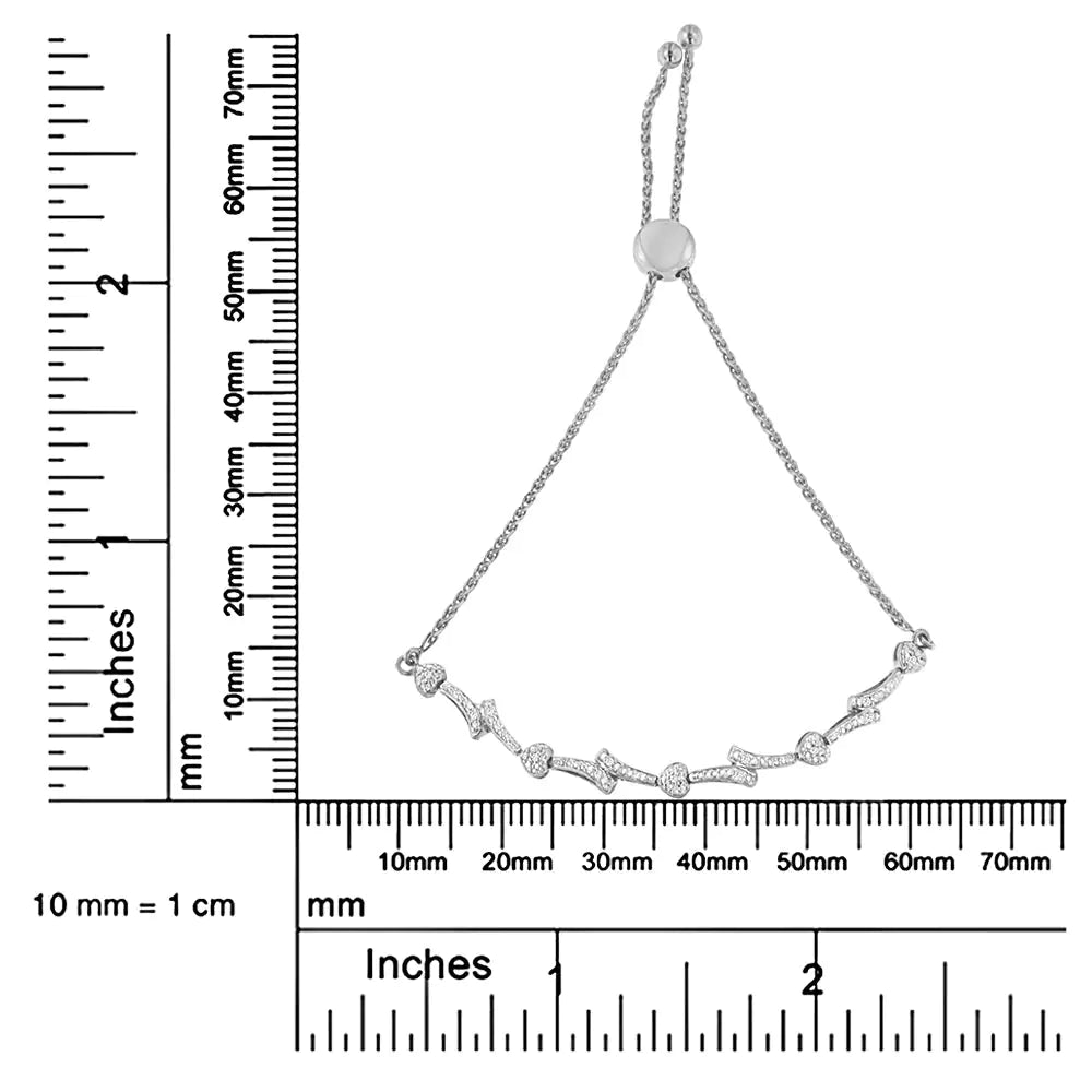 Pulsera bolo con eslabones en forma de corazón y ondas con detalles de diamantes en plata de ley 925 (color IJ, claridad I2-I3) - Ajustable de 6" a 9"