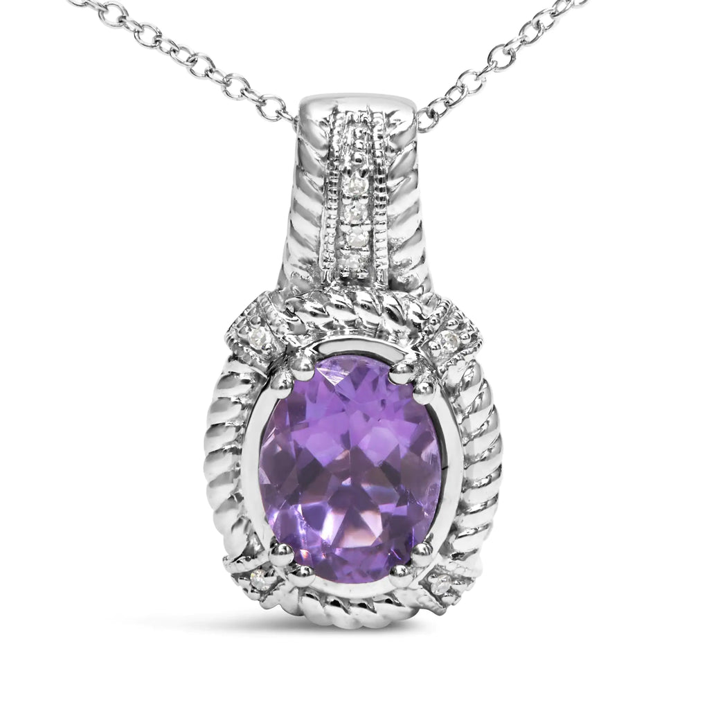Collier pendentif tendance en argent sterling 925 avec améthyste violette ovale de 9 x 7 mm et accent de diamant rond de 45,7 cm (couleur IJ, clarté I1-I2)