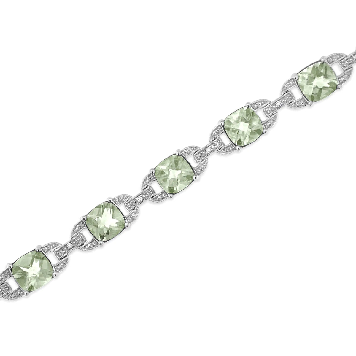 Bracelet de tennis tendance en argent sterling 925 avec améthyste verte taille coussin 7 x 7 mm et diamant taille ronde 1/20 ct (couleur IJ, pureté I1-I2) - 7"