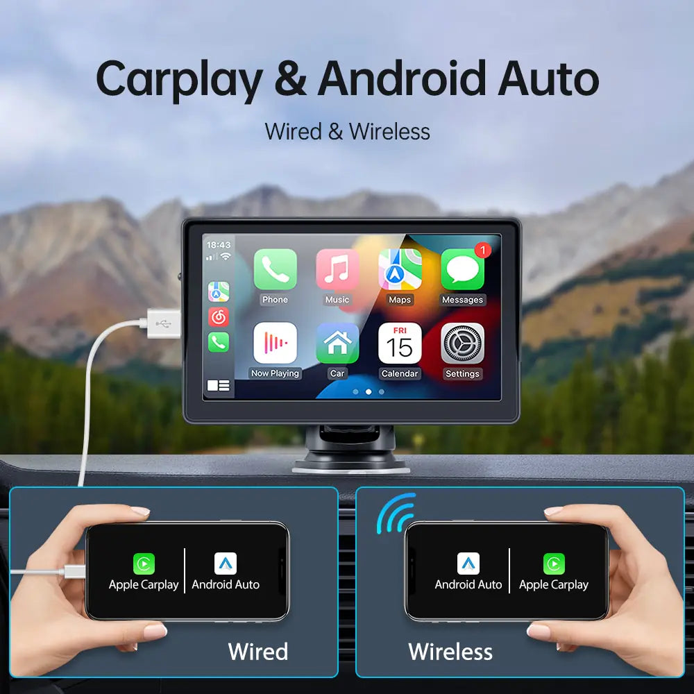Reproductor multimedia de vídeo y radio universal para coche de 7 pulgadas con Apple CarPlay y Android Auto inalámbricos portátiles