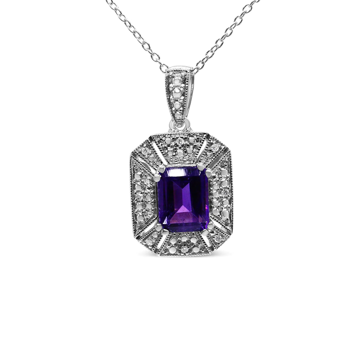 Collar con colgante estilo art déco de 45 cm con detalles de diamantes y amatista violeta en plata de ley 925 (color IJ, claridad I1-I2)
