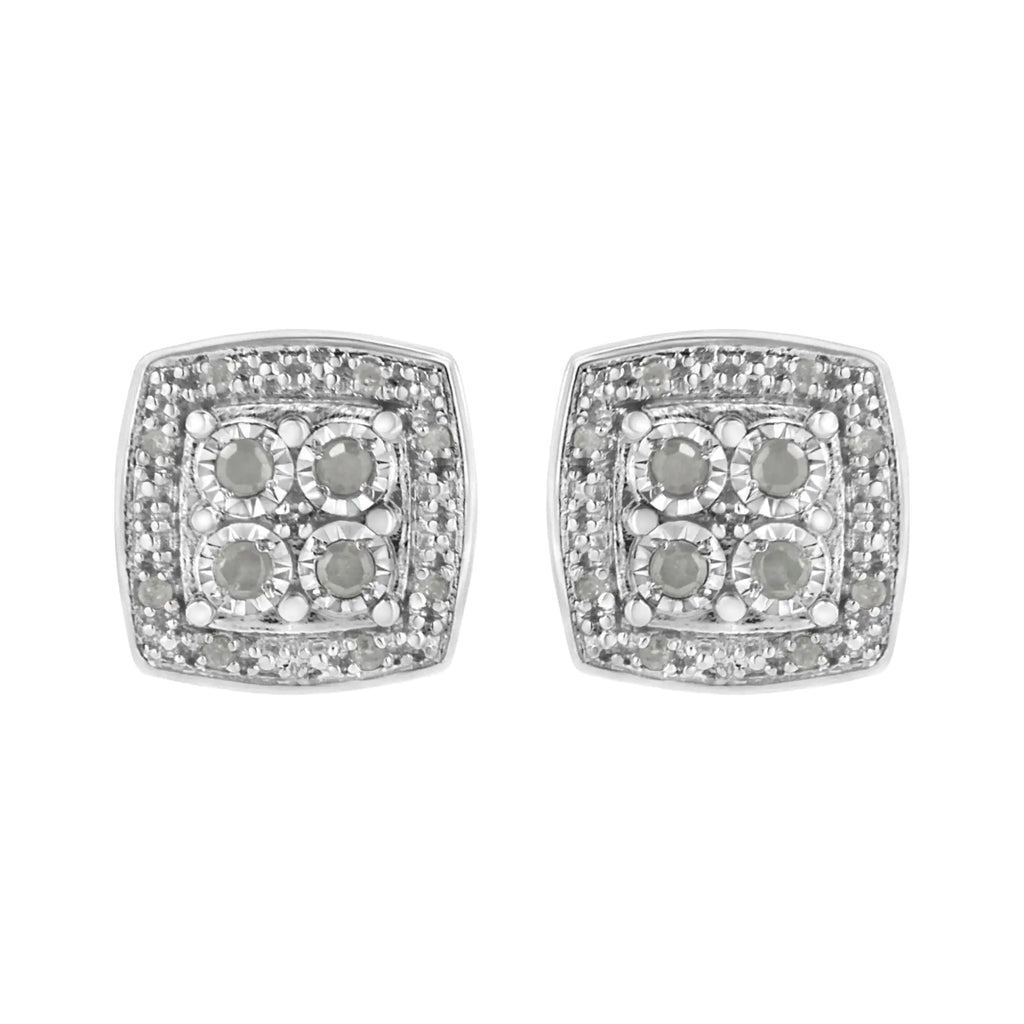 Aros con forma cuadrada de diamante de talla redonda de 1/4 cttw y milgrain en plata de ley 925 (color IJ, claridad I3)