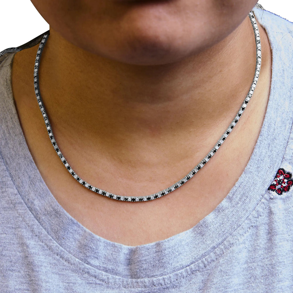 Collier de tennis en argent sterling 925 avec diamants blancs et noirs alternés de 7,0 carats (couleur noire/IJ, pureté I2-I3) - 16 à 18 pouces