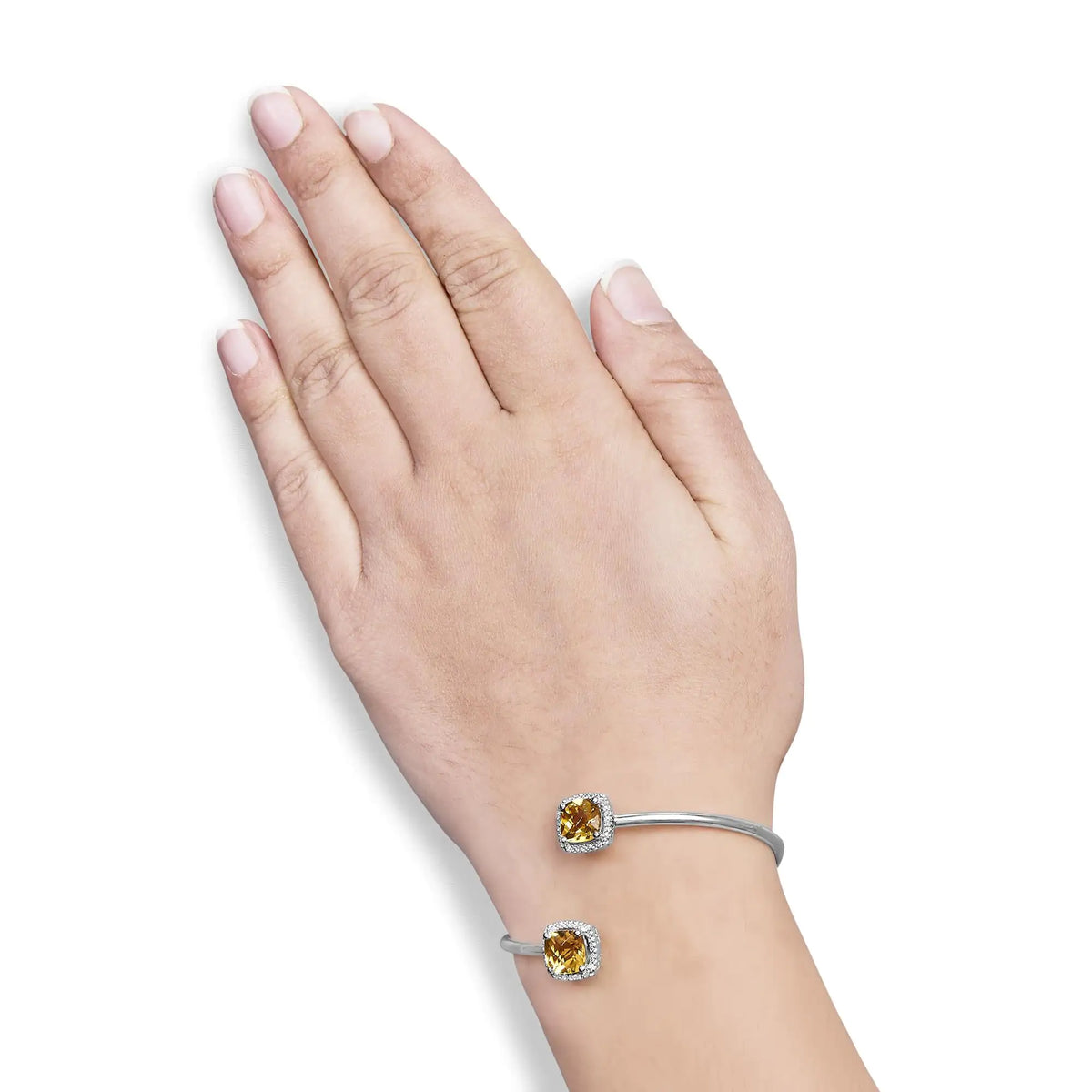 Bracelet jonc fendu en argent sterling 925 de 8 mm avec citrine jaune taille coussin et accent de diamant (couleur HI, clarté SI1-SI2) - Convient aux personnes jusqu'à 7,75 pouces