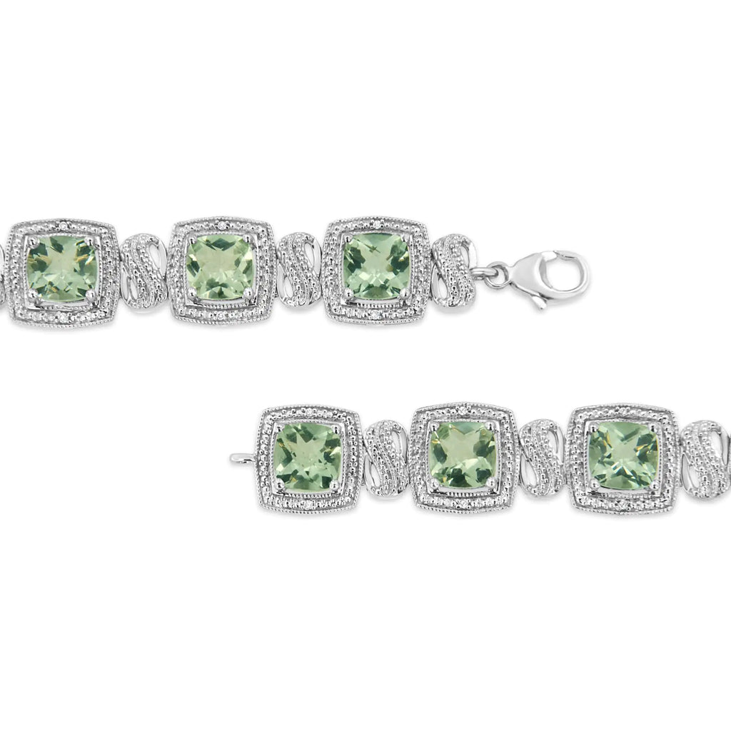 Bracelet de tennis en argent sterling 925 avec améthyste verte taille coussin 7 x 7 mm et diamant taille simple 1/10 ct de forme carrée (couleur IJ, pureté I1-I2) - 7"