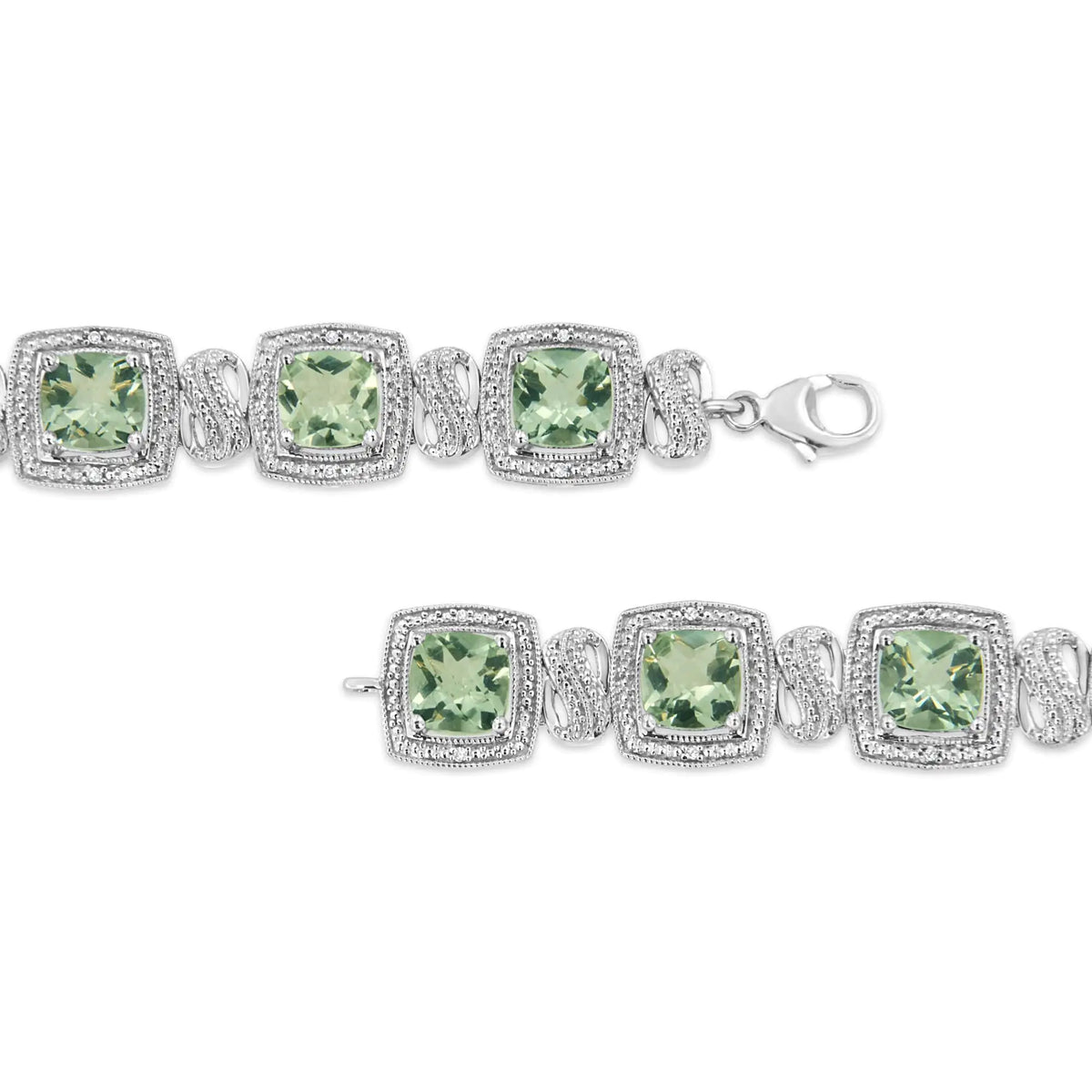 Bracelet de tennis en argent sterling 925 avec améthyste verte taille coussin 7 x 7 mm et diamant taille simple 1/10 ct de forme carrée (couleur IJ, pureté I1-I2) - 7"